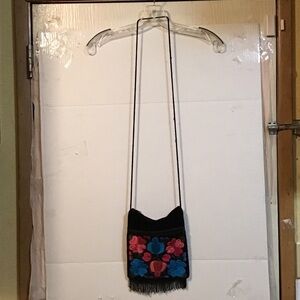 Floral Embroidered Black Velvet Crossbody Bag